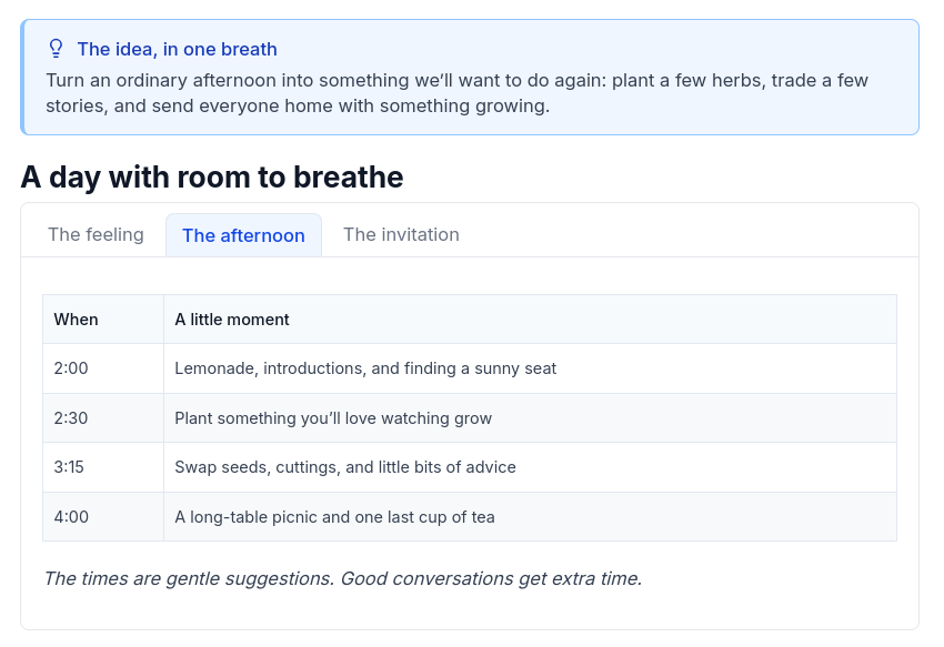 The Sunday Garden note with a blue callout and three tabs. The selected afternoon tab shows a four-part schedule.